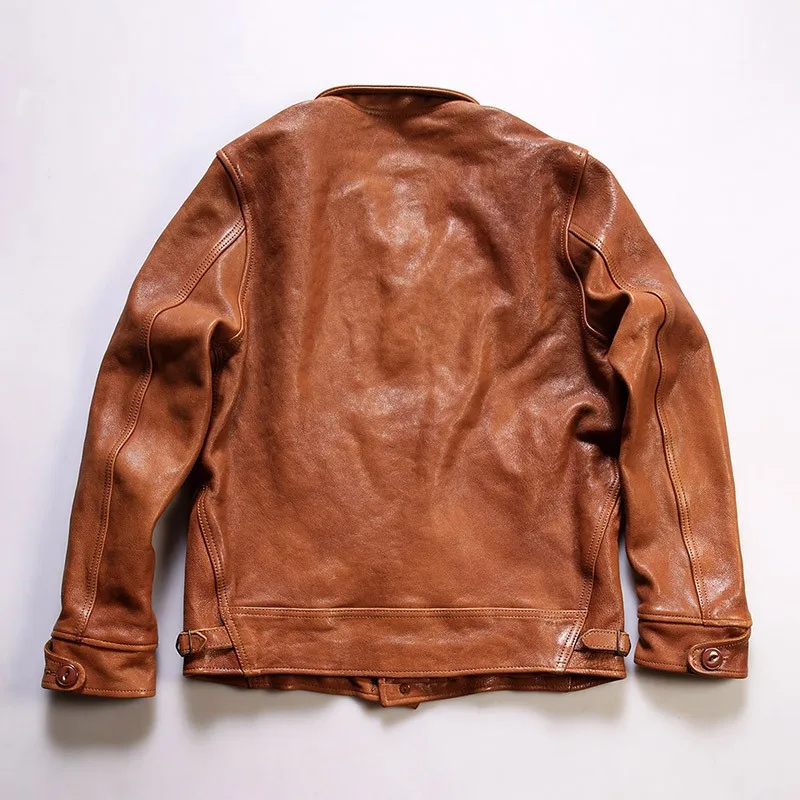 Men's stand-up collar lapel single-breasted vegetable-tanned leather