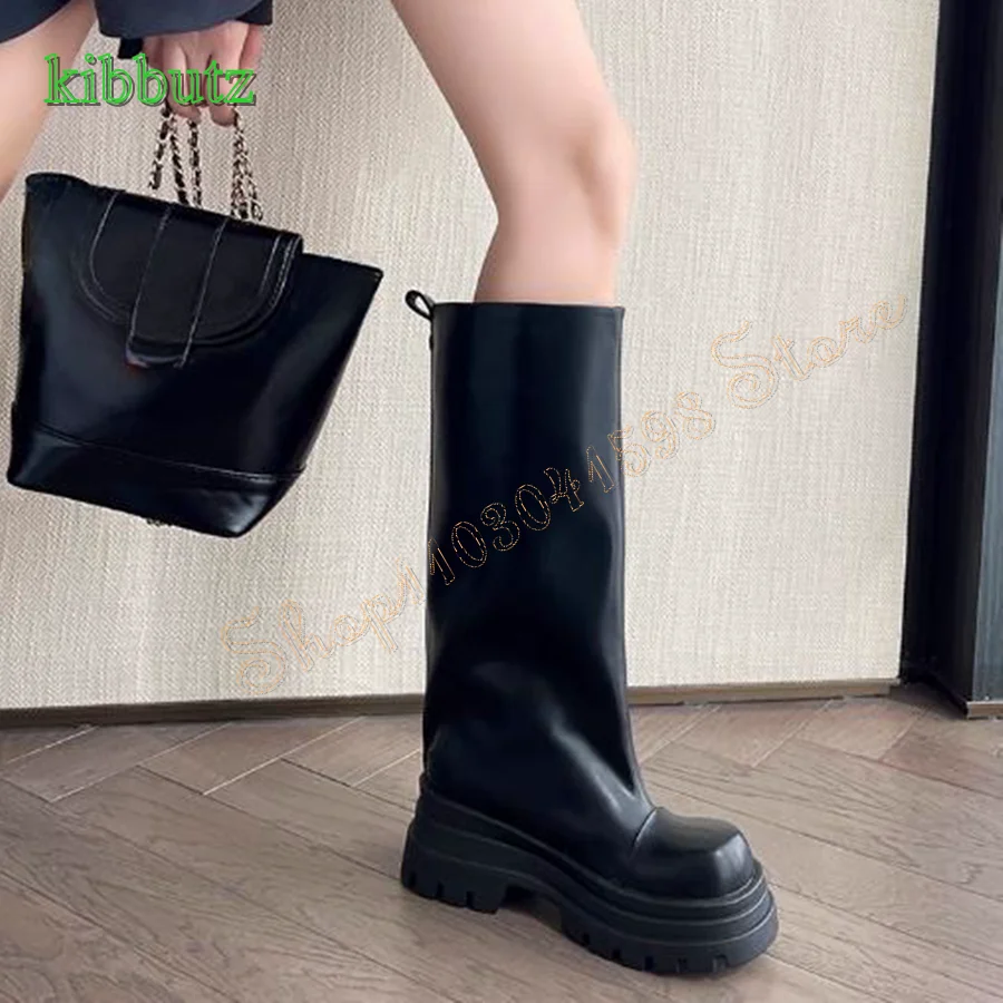 Non Slip Thick Soled Leather Straight Boots,Comfortable Round Toe Knee High Boots Party Women Boots 2024 New Zapatos Para Mujere