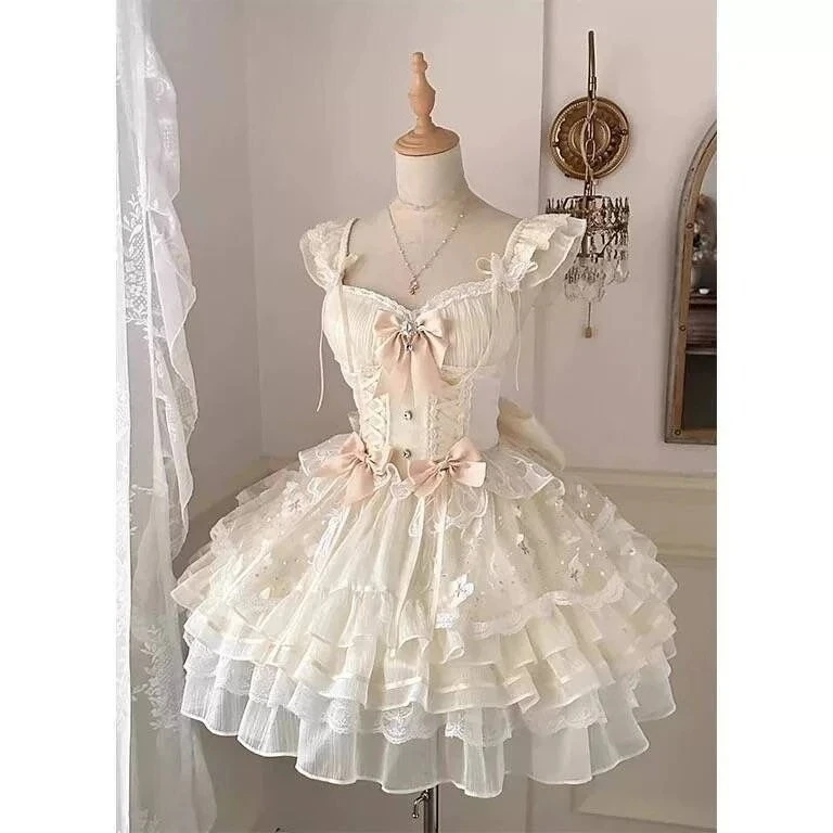 Zomer Sweet Lolita Y2k Mini-jurken Dames Kant Patchwork Korte mouw Elegante bandage Franse vintage korte feestjurk Vrouwelijk