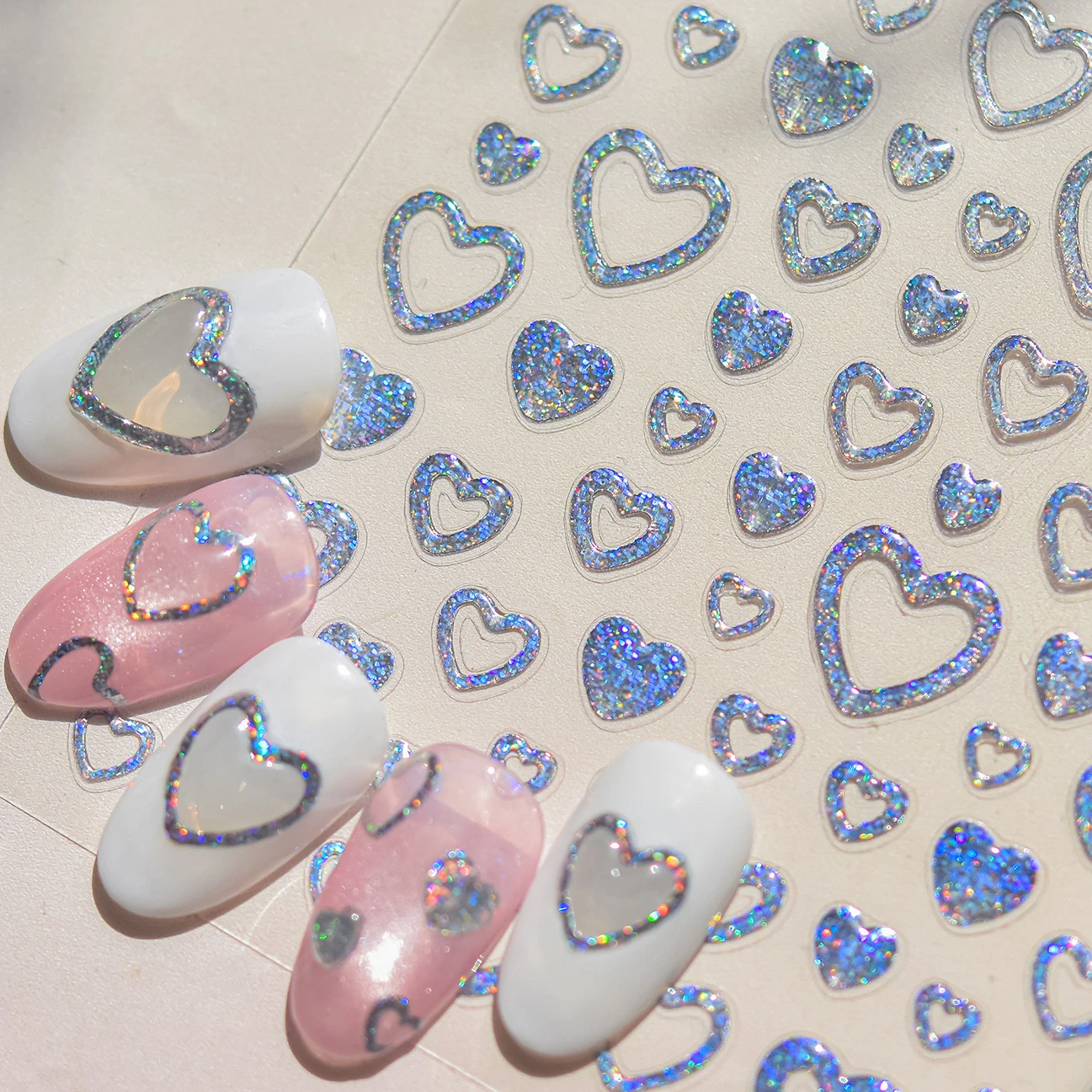 Sequin Love Peach Heart Gradual Hollow Out Jelly Geometric Blue Circular Shiny 5D Self Adhesive Nail Art Sticker Manicure Decals