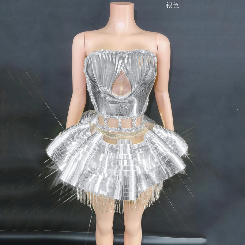 Multi color Mirror Reflective Bra Short Skirt Show Party Dress Nightclub Bar Performance Stage Costume Drag Queen Dress DN15873