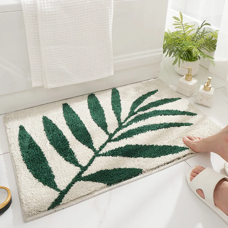 QNBHR Green Leaves Flocking Bath Mat Non-slip Absorbent Microfiber Bathroom Rug Home Entrance Door Mat Super Soft Bath Carpet