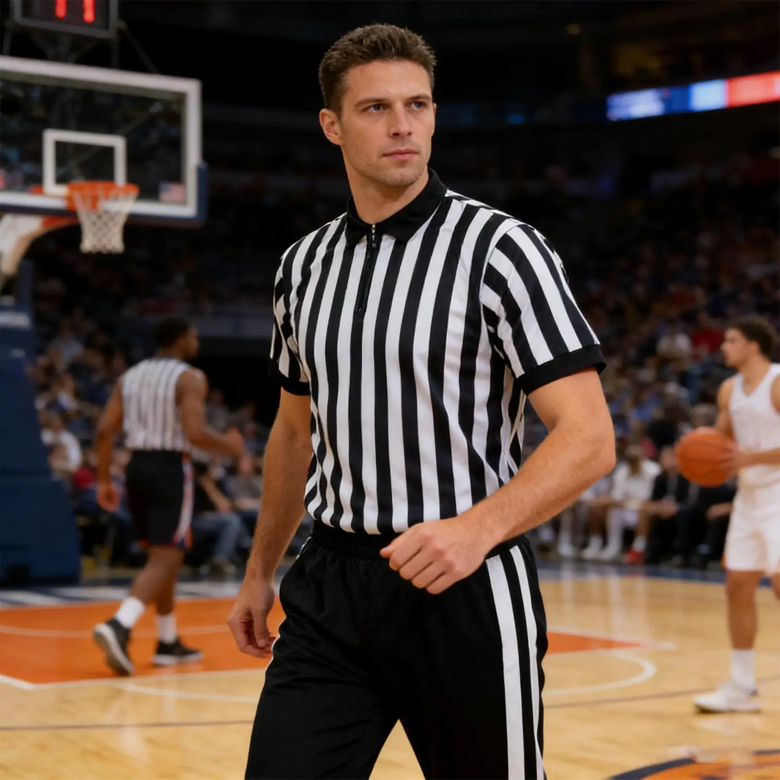 Black & White Striped Referee Shirt Short Sleeve V-Neck Uniform with Pants, Multi-Sport Official Costume for Soccer Basketball view 5
