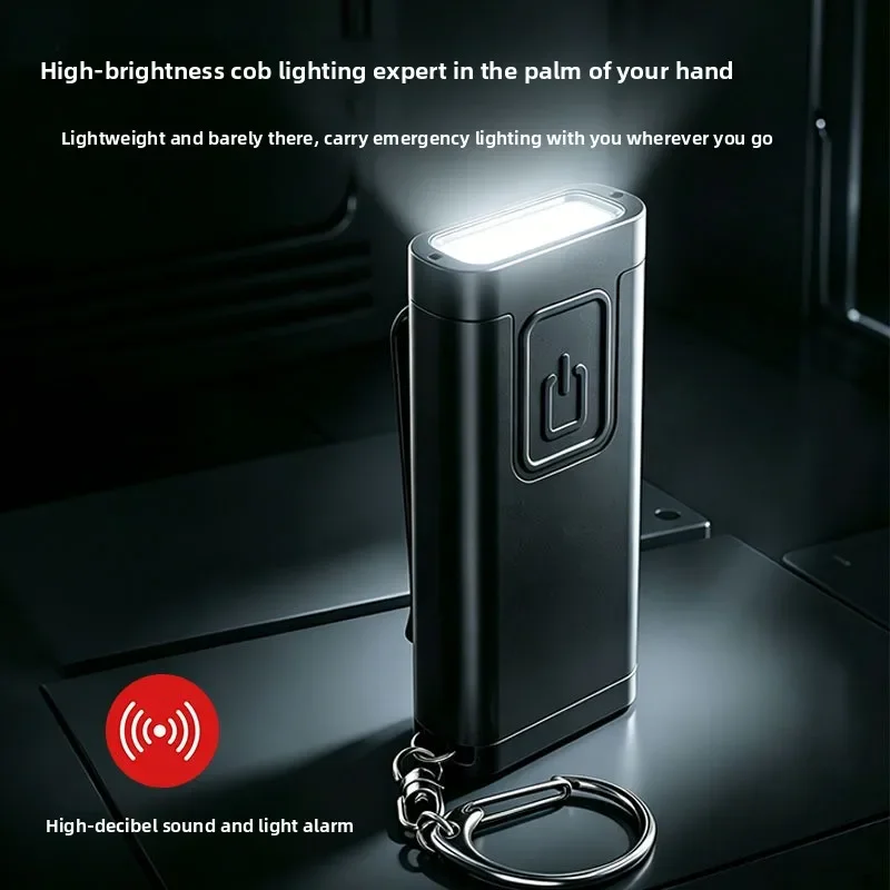 Mini Keychain Flashlight Warning Light Portable LED Rechargeable Type C Metal Luminous Work Lamp for Outdoor