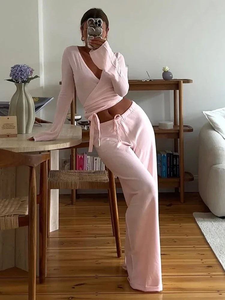 

Women Fashion Lounge Set Vintage 2 Piece Outfit V Neck Waist Tie T-shirt + Elastic Waist Pants Autumn Long Sleeve Crop Tops