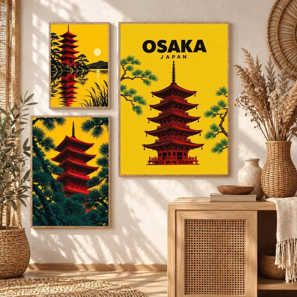Japanese Osaka Pagoda Art Poster Art Wall Stickers & Self-Adhesive Decals for Home, Bedroom & Living Room