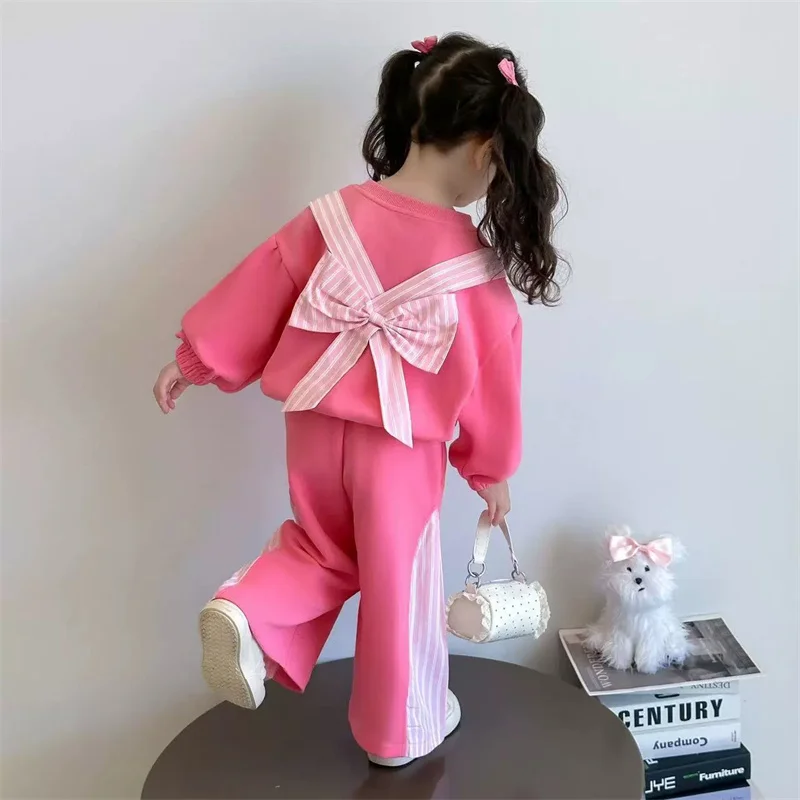 2026 New Girls Bow Tie Set Children Casual Suit Spring Long-Sleeved Striped Sweatshirt Pants 2Pc Kids Loose Outfit Autumn Clothe 4