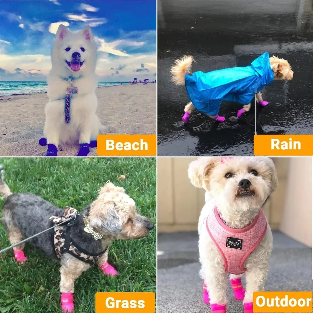 4pc Waterproof Silicone Dog Rain Boots Colorful Pet Shoes Anti-slip Puppy Foot Protector Adjustable Strap Outdoor Walking Bootie - view 4