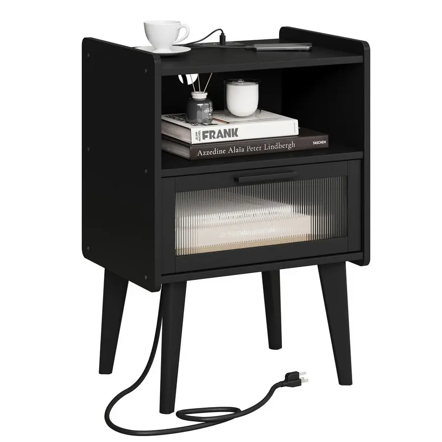 

Nightstand with Charging Station, Bedside Tables, End Table Side Table with 2 Tiers Storage Space, for Bedroom, Living Room, Bla