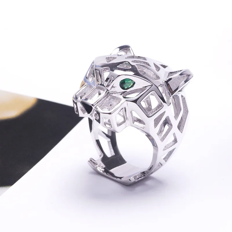 Europe America Luxury Style Men Women Lady Hollow Out Inlaid Green Zircon Eyes Leopard Head Plated Gold Color Lovers Ring