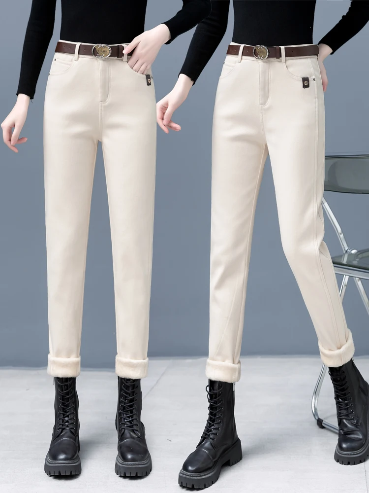 

Утепленные флисовые джинсы с высокой талией, свободные, прямого кроя, женские, осенне-зимние, новинка, в стиле «Дримми Харем», хлопковые, эластичные