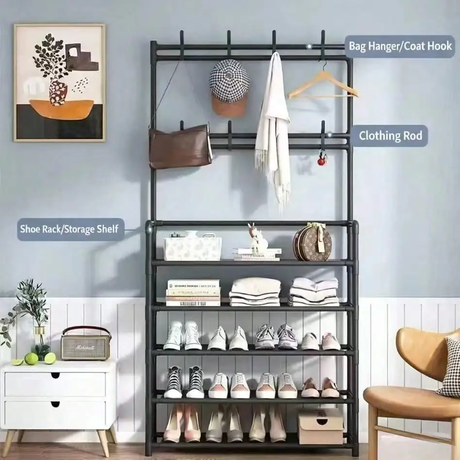 Multi-Functional Shoe Rack With Coat Hooks, 5-Tier Freestanding Shoe Shelf For Entryway, Heavy-Duty Shoe Organizer For Sneakers, Bags, Hats & Keys, Metal Frame, Space-Saving For Hallway, Closet & Bedroom - view 4