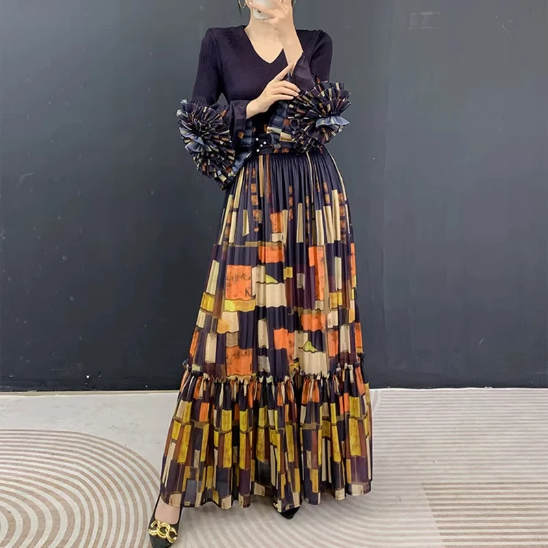 ANLAN Elegant Yellow Black Tie Dye Print Pleated Women's Maxi Dress Ruffle Sleeve Belted Waist Party Occasions Dresses 2026 New