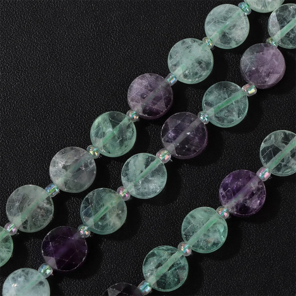 Cuentas de piedra de fluorita Natural, espaciador suelto de cuarzo redondo plano facetado de 10MM para fabricación de joyas, pulsera DIY, suministro de collar