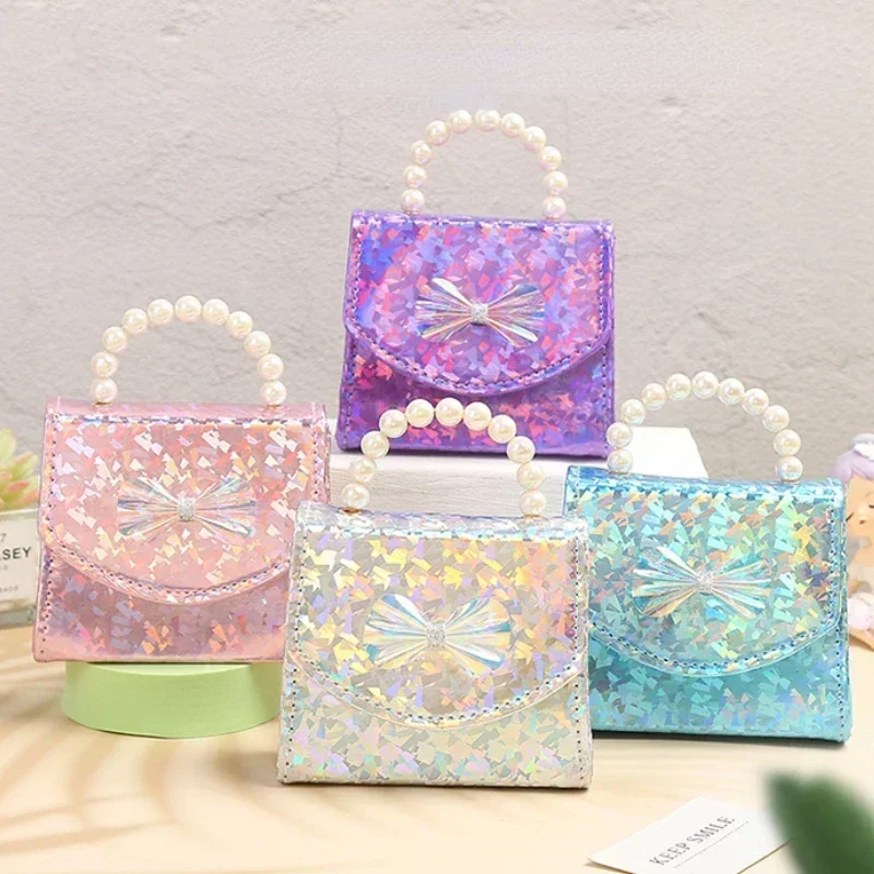 

Sparkling Sequin Bow Pearl Handbag Summer New Simple Hand-held Crossbody Children's Bag Fashion and Creative Mini Shoulder Bag