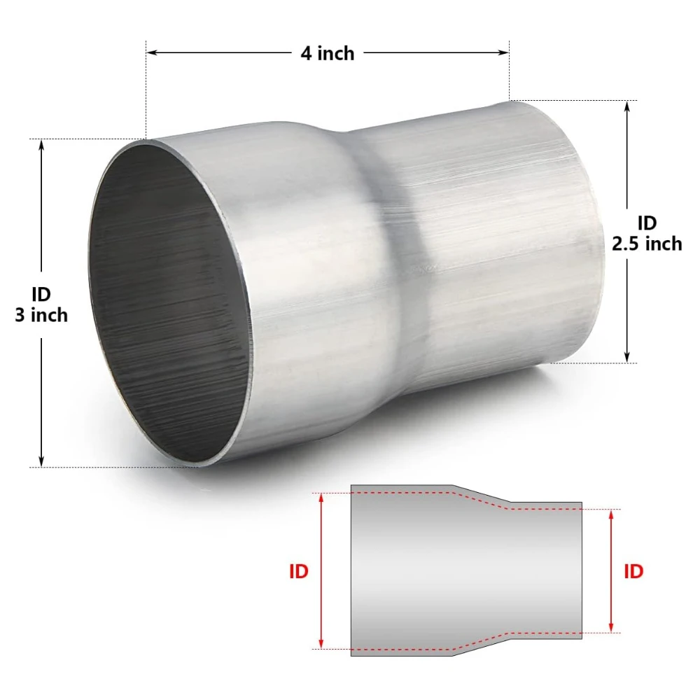 Konektor Adaptor Knalpot 2.5 inci ID ke 3 inci ID, Peredam Pipa Knalpot 4 inci Panjang Keseluruhan, Baja Tahan Karat 304