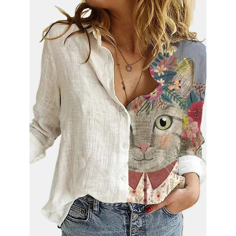 A Retro face print blouse shirt Women fashion stitching long sleeve shirts 2022 autumn lapel button casual top Lady linen shirts