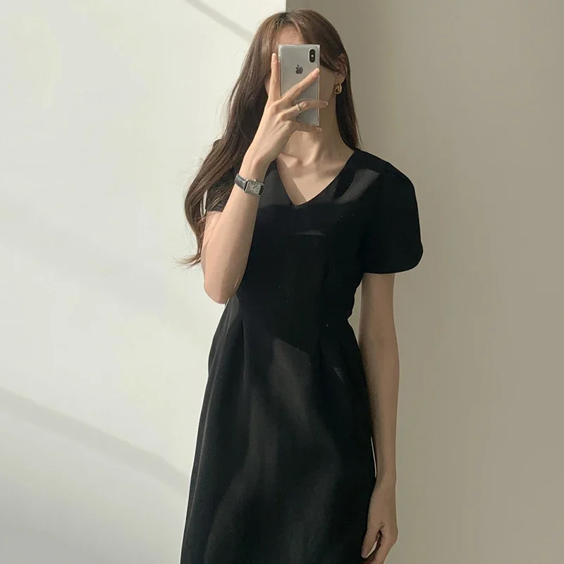 Woherb Korean Chic Women Dress Short Sleeve Casual V-Neck Elegant Office Lady Dresses 2024 New Slim Waist Robe Vestidos Mujer