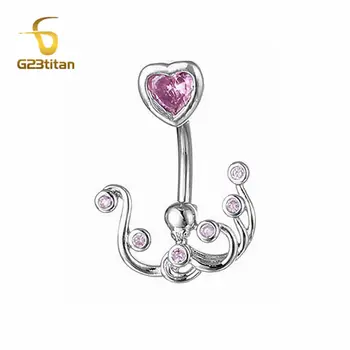 Gümüş Renkli Ahtapot Göbek Piercingi Pembe Zirkon F136 Titanyum 14G Kavisli Barbell Göbek Deliği Piercingi Kadın Göbek Deliği Takısı 10 best sales Ahtapot piercingi - №4