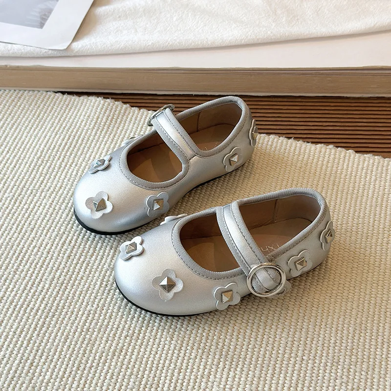 Girl's Mary Janes Flower Three Colors Light Stylish New Kids Princess Shoes Shallow All-match Daily Chic Children Flat Shoe23-34