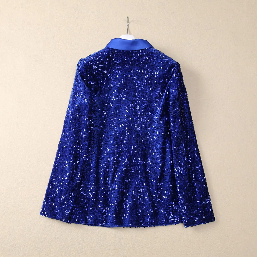 Europe and the United States women's 2024 winter new Long sleeved heavy sequined blue velvet fashion Double-breasted coat