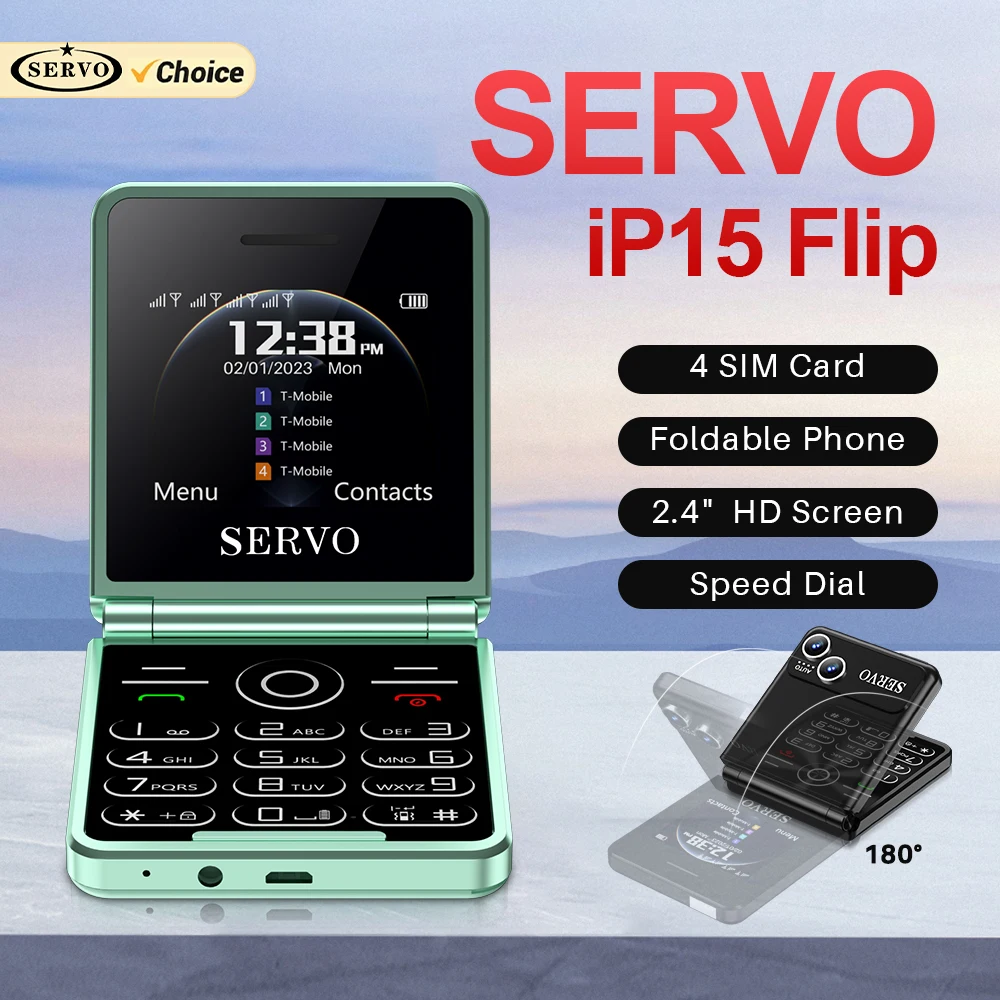 SERVO 휴대폰 통화 녹음 속도 다이얼 FM 라디오 MP3 플레이어, 플립 4 SIM 카드, 2G GSM, 2.4 인치 기능 접이식 전화기, iP15 