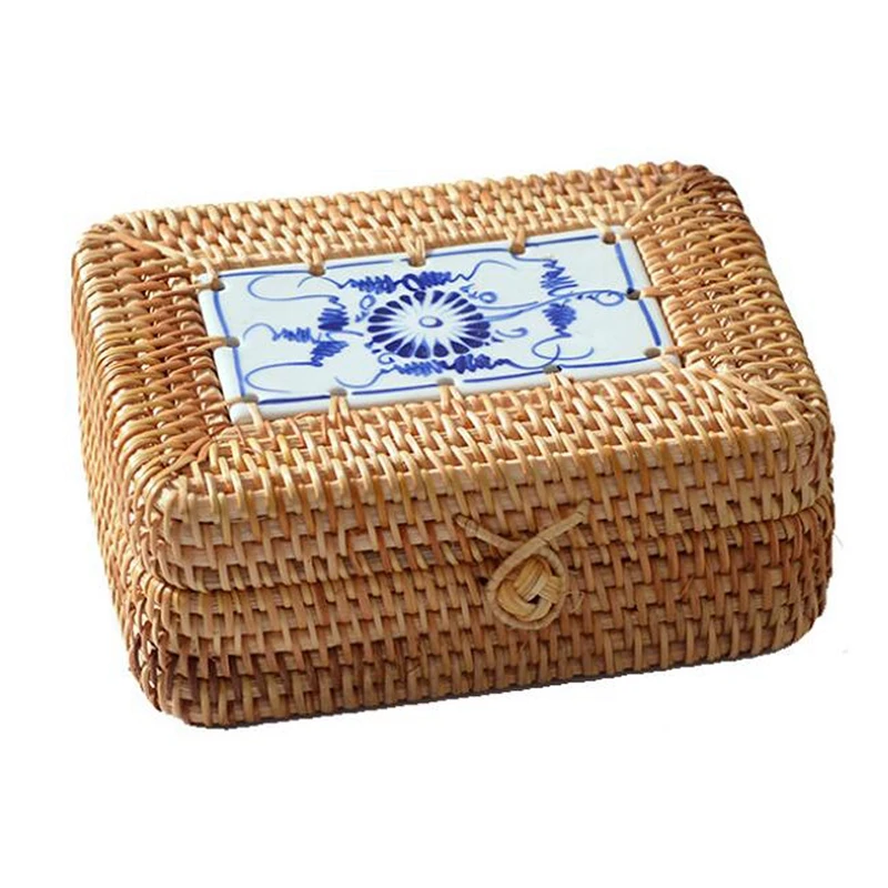 

Rattan Woven Storage Box with Lid Handmade Jewelry Boxes Makeup Organizer Wooden for Sundries Tea Case Containers Gift