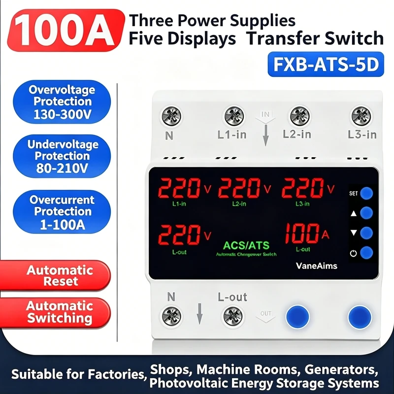 Three Power Automatic Transfer Switches 1-100A 1-63A Over/Under Voltage Protector with Self-Resetting PV Solar Phase Selector