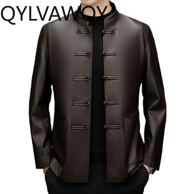 

QYLVAWOY New Leather Jacket Autumn Winter Jacket Man Stand Collar Jackets for Man Jaqueta Masculina Vintage Casual Leather Coat