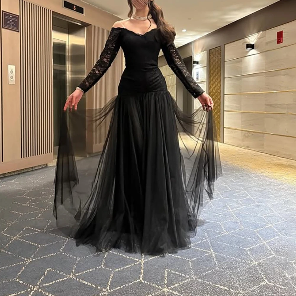 

Off The Shoulder Black Evening Dress Customized Tulle Pleat A Line Floor Length Formal Party Dresses Long Sleeves Evening Gowns