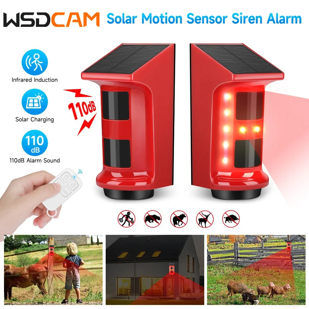 Wsdcam Solar Sound Light Alarm Strobe Security Alarm Motion Sensor Alarm with Remote Control for Outdoor Backyard Garden