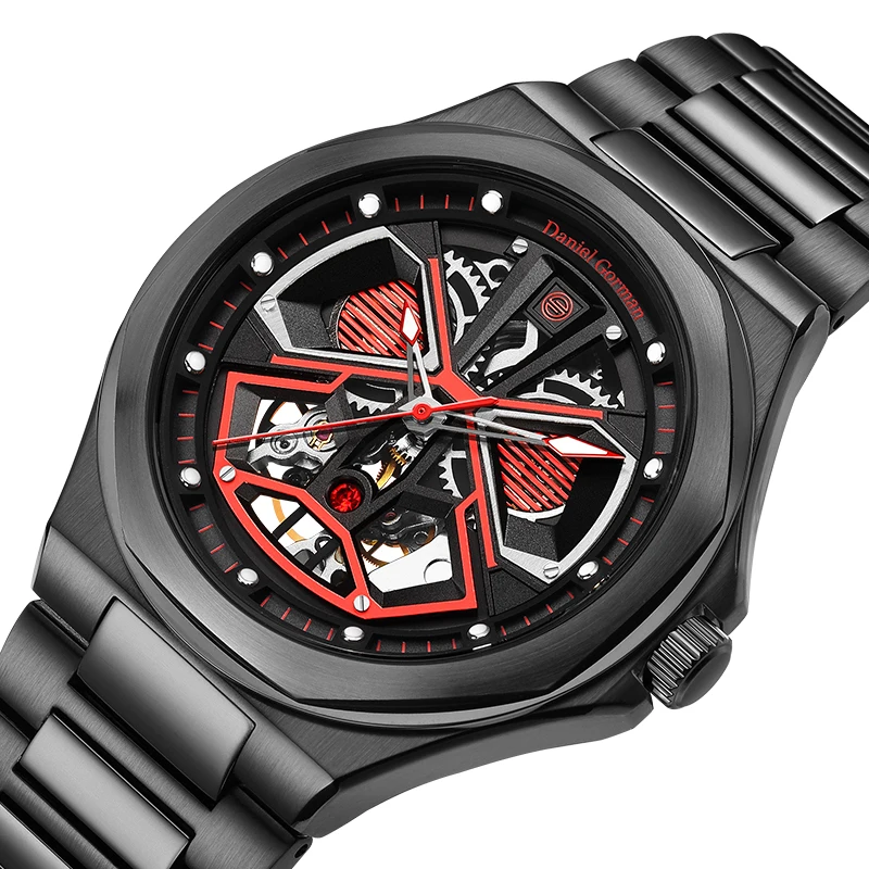 Daniel Gorman 남성용 스포츠 스켈레톤 디자인 시계, 럭셔리 자동 발광 손, 5 ATM 방수 시계, DG8107 패션