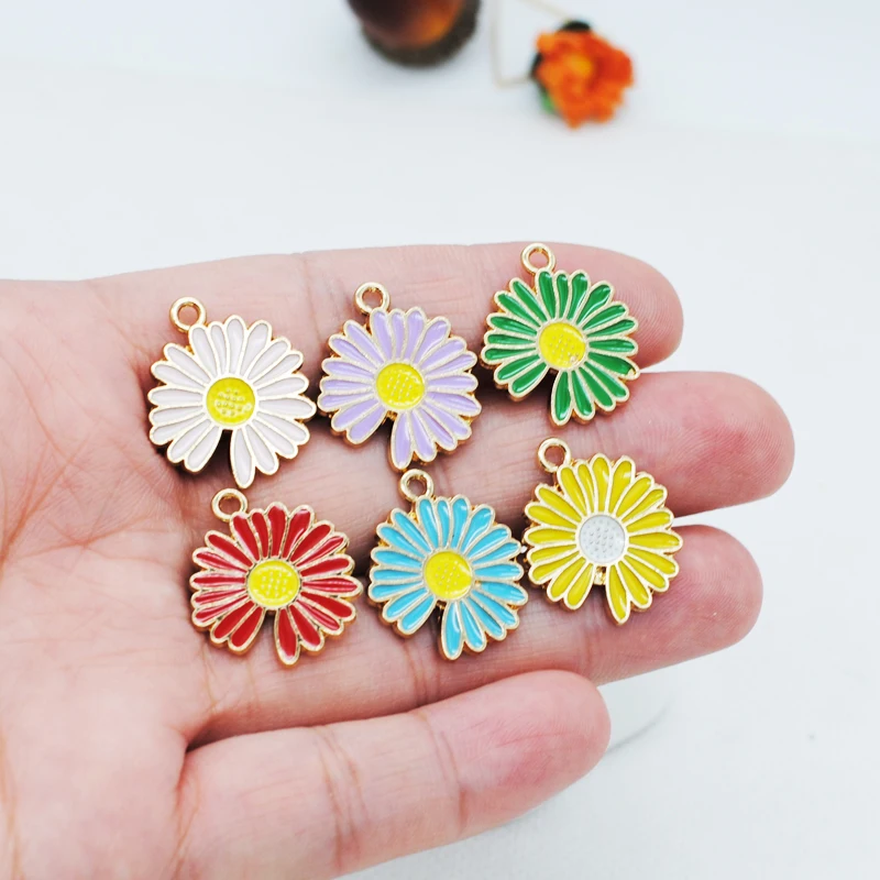 20pcs/lot Enamel Daisy Sun Flower Alloy KC Gold Color Tone Charms Pendant Earrings Bracelet Jewelry Making Accessories