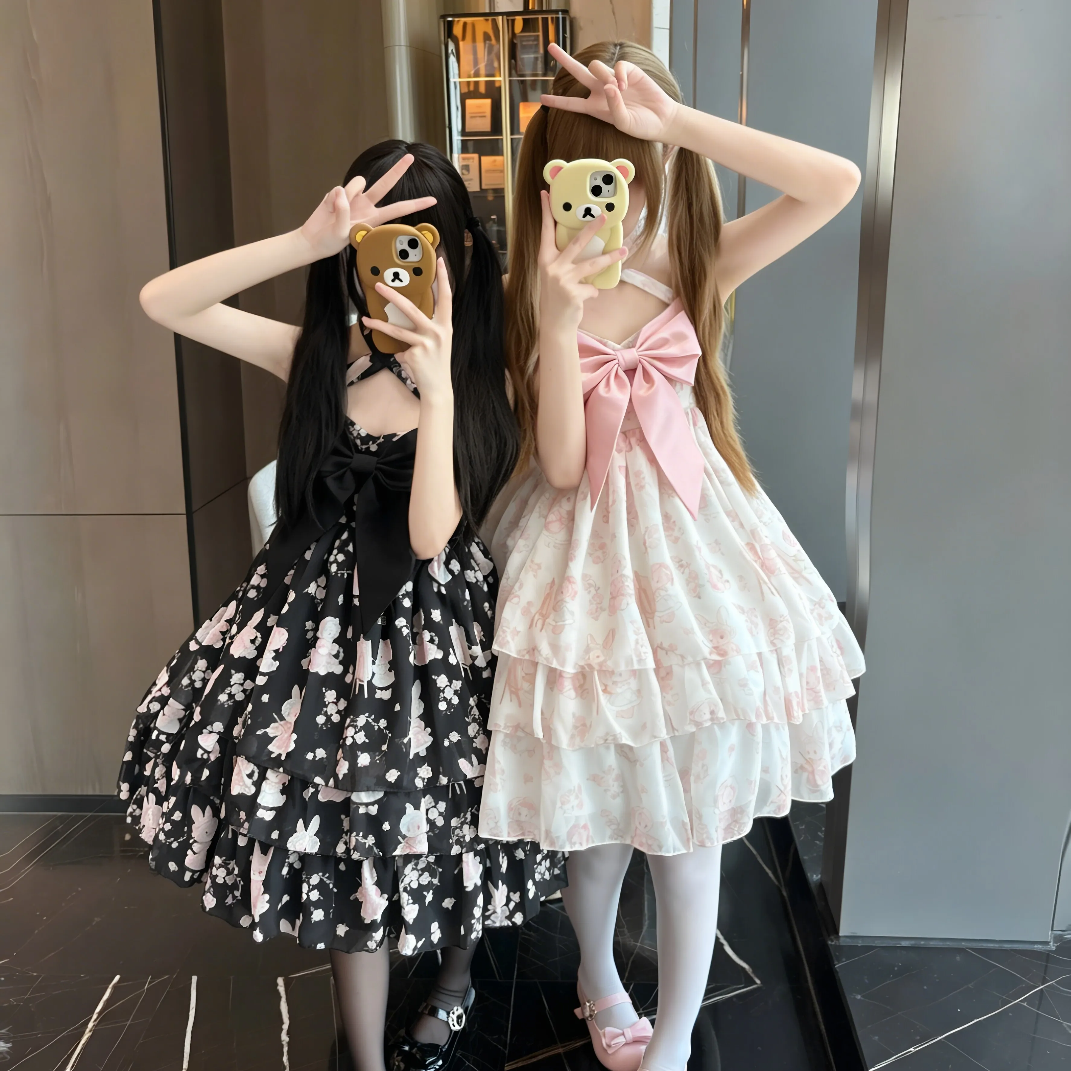 NONSAR Japanese Kawaii Lolita Jsk Dress Women Sweet and Cute Bow Rabbit Printed Tea Party Princess Dresses