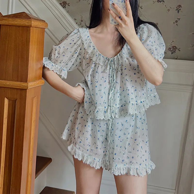 Women Summer Sweet Short Sleeves 100% Cotton Floral Sleepwear French Vintage Loose Short Pants Pajamas Thin Light-Weight Pijamas