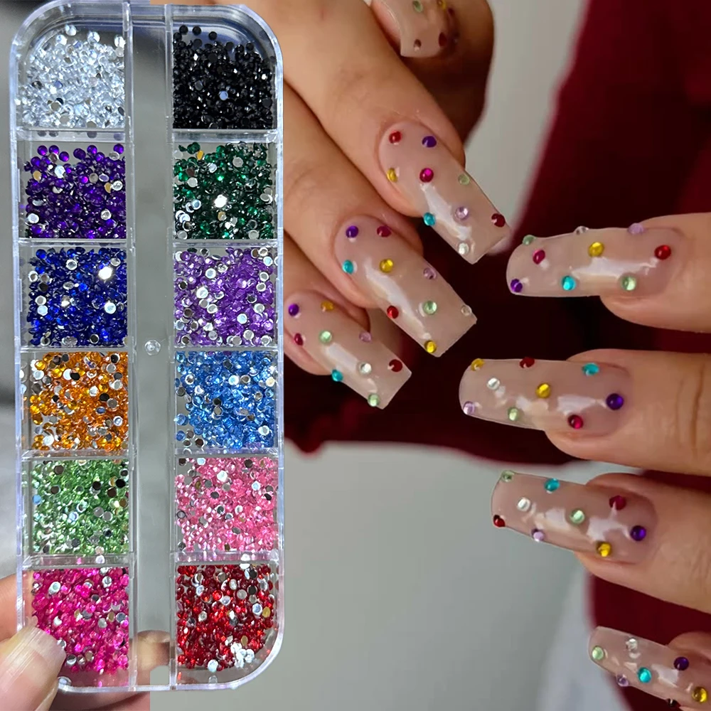 12Grids Multi-color Mini Rhinestones Nail Charms 3D Christmas Glitter Crystal Nail Gems 2mm Round Nail Diamond Manicure Decorati