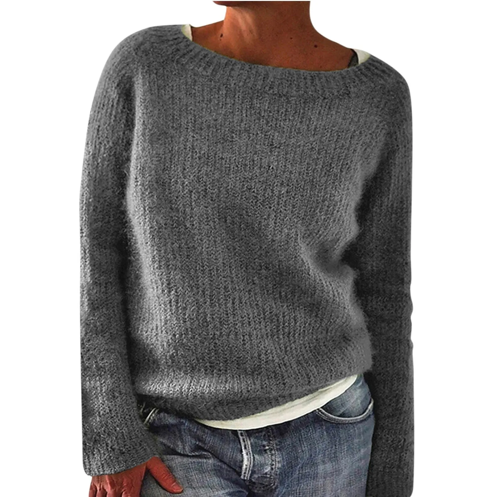 Outono e inverno nova moda pura versátil camisola tripulação pescoço manga longa pulôver camisola feminina coreano pop roupas