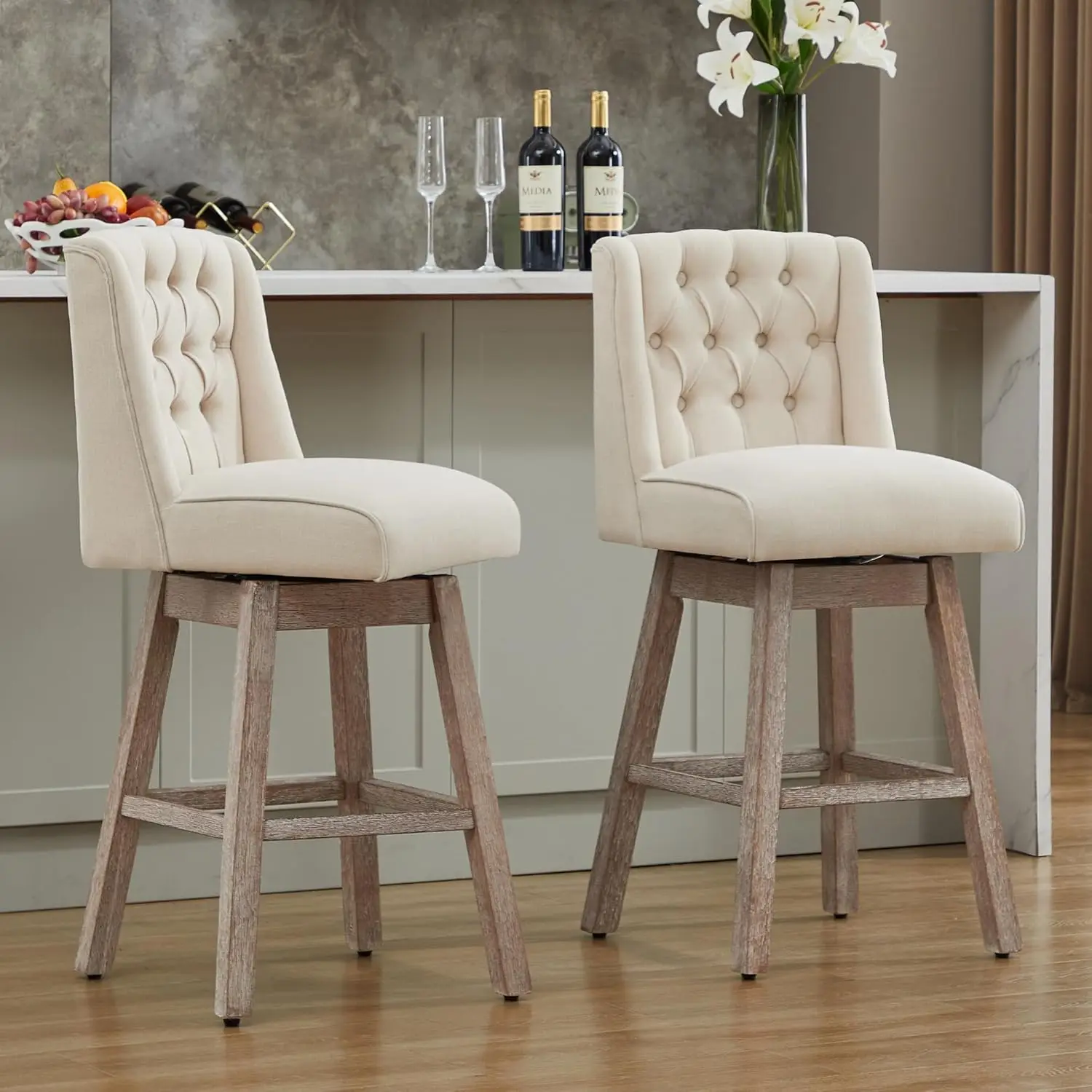 카운터 높이 바 스툴 2개 세트, 360 °   회전식, 나무 다리, 모던한 린넨 커버, 높이 28.5피트