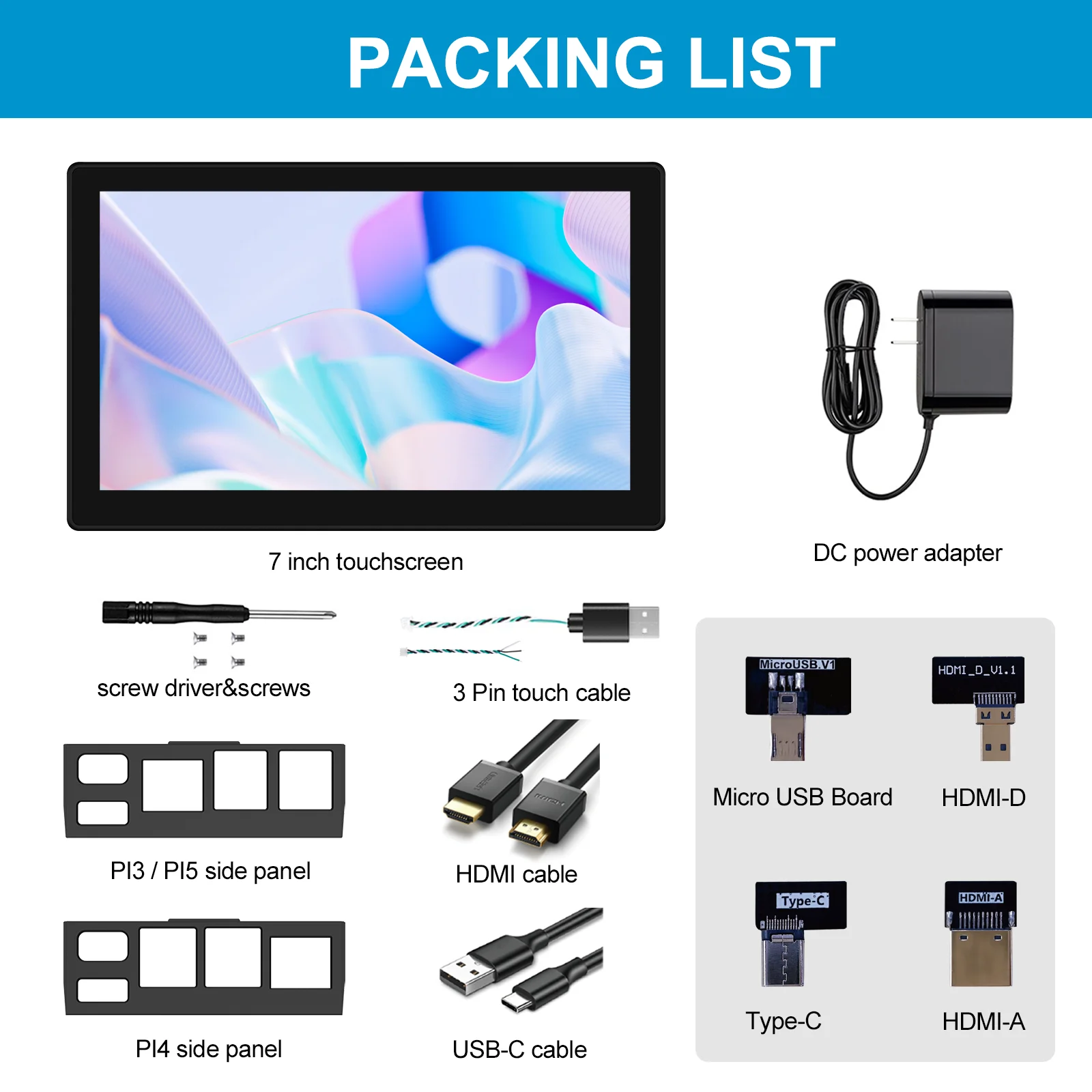 HOWENS Portable 7 inch Touch LCD Raspberry Pi 3 4  Screen Industrial Monitor 1024x600 Support HDMI Type-c Display Laptop Pie 3/4