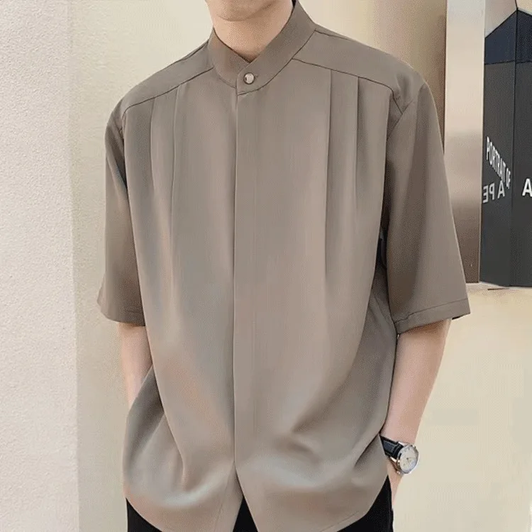 

Coffee Color Short Shirt For Men, Summer Draped Stand Collar Ice Silk Shirt, Three-Quarter, Light Mature Style Men's Half