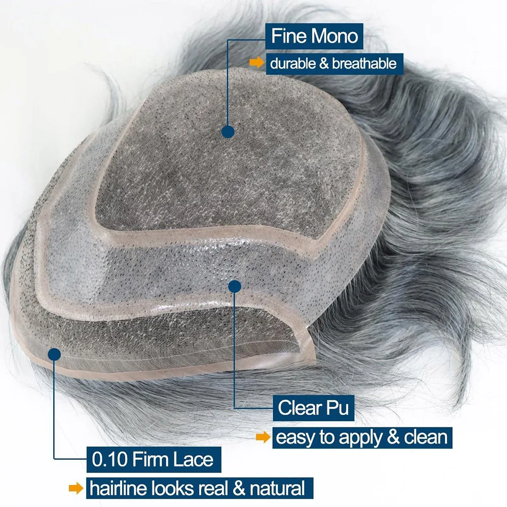 Grey Men's Human Hair Toupee, Wavy Mono Lace Front Wig