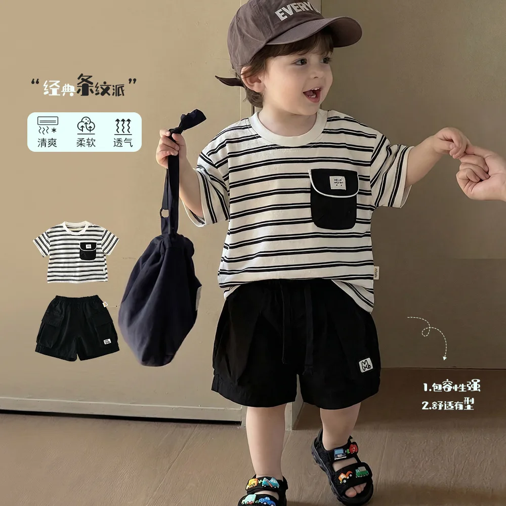 

2026 Boys Summer Fashion Striped Short Sleeve T-Shirt Cute Casual Soft Cotton Tops Toddler Baby Boys Daily All Match Outfit 0-4Y