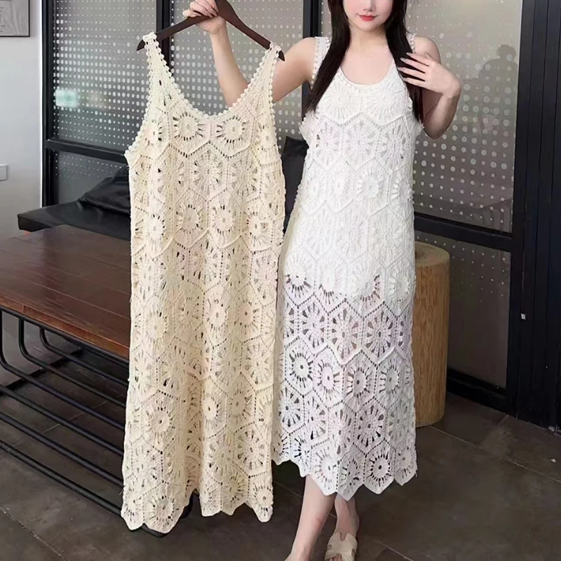 Gehäkeltes Maxikleid für Damen, durchsichtiges Cover-Up, ärmelloses, durchbrochenes Spitzen-Cami-Kleid, Sommer-Boho-Chic-Strandoutfit
