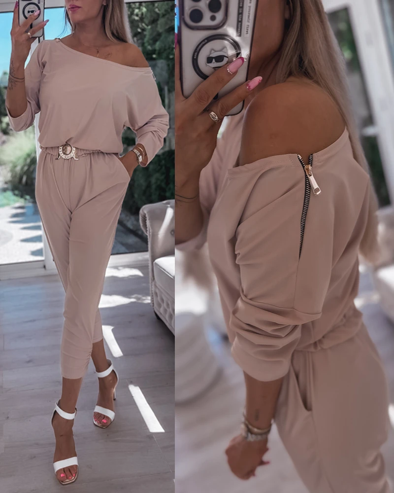 

2025 Woman Long Jumpsuits Elegant Sexy Cold Shoulder Long Sleeve Jumpsuit Casual Belted Pocket Design Romper