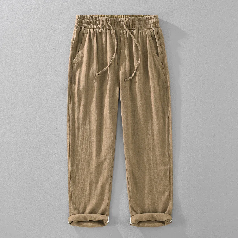 Harajuku Mens Pants Breathable Summer Man Pants Casual Khaki Straight Pants Vintage Drawstring Elastic Waist Pants Soft Trousers