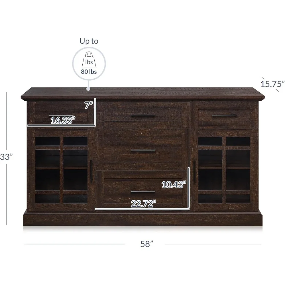 Sideboard Buffet Console Table, Versatile Media Cabinet with Drawers and Adjustable Shelves - 58 Inch - Astorga