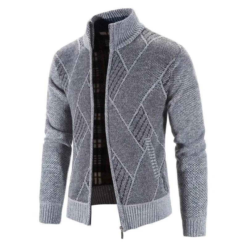 Cárdigan de punto para hombre, chaqueta cálida con cuello levantado y cremallera, Color puro, informal, invierno, 2024