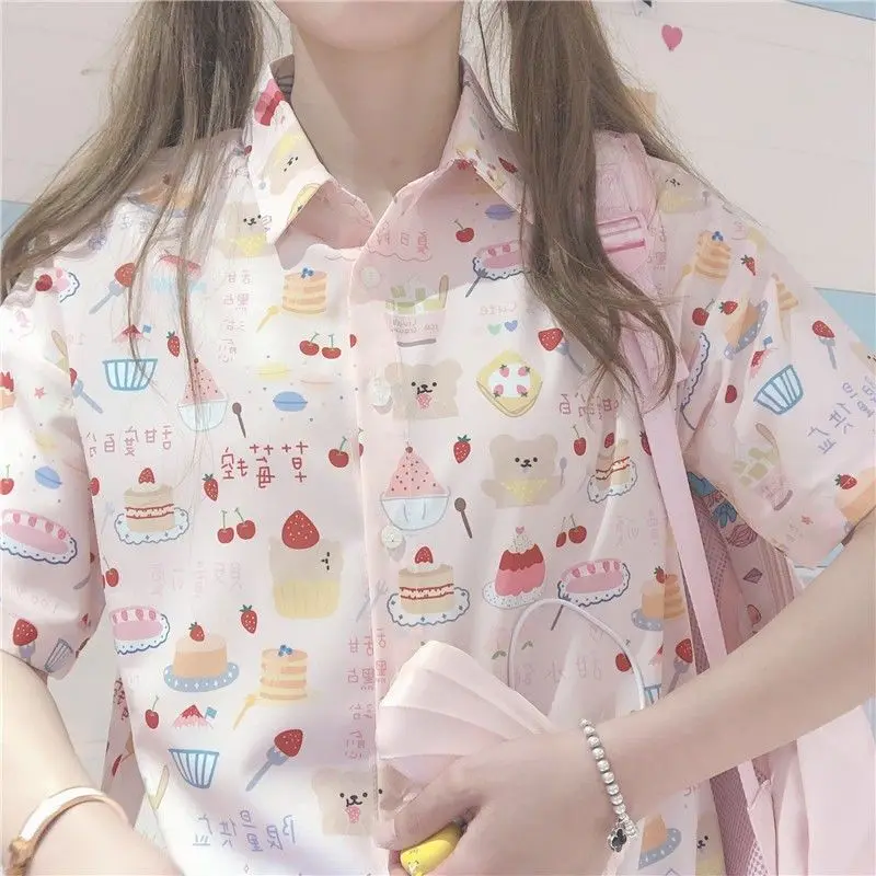 Summer Cute Blouse Japanese Tops 2026 Blusas Mujer De Moda Strawberry Print Short Sleeve Loose Fashion Shirts Women's Clothing