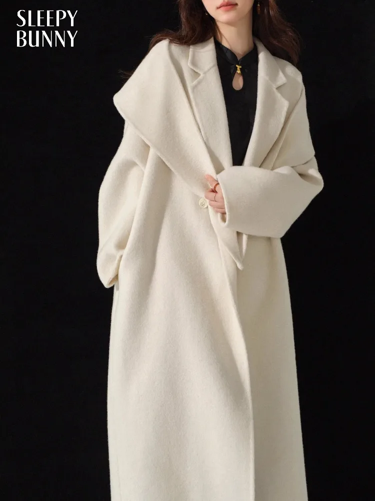 Elegant Wool Double Faced Coat Double Breasted Long Overcoat for Women Autumn Loose Fit Outerwear Classic Minimalist Warm Jacket
