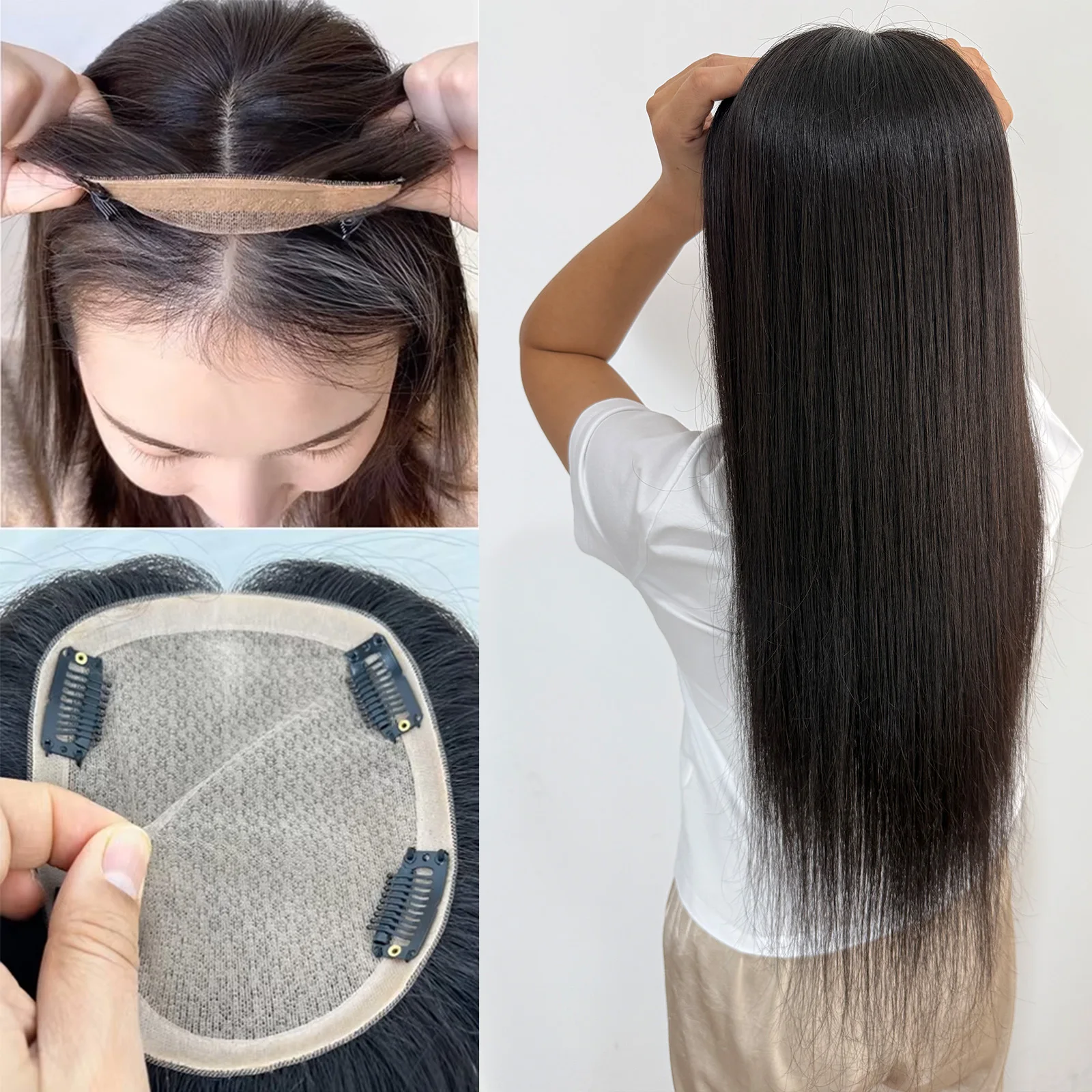 

Hand Tied Silk Base Women's Hair Toppers with 4 Clips Malaysia Virgin Human Hair Natural Scalp Look Breathable Hairpiece Toupee